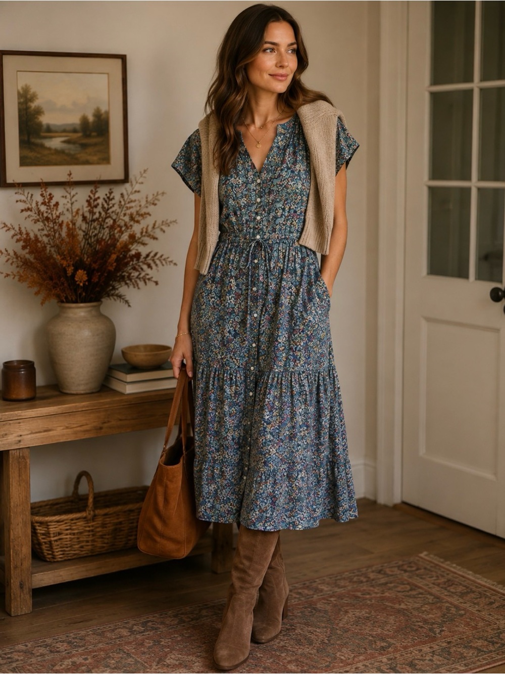 Trovata Birds of Paradise Kristi Ditsy Floral Midi Dress with V-Neck, EUC